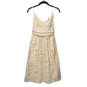 Max Studio Champagne Cream Belted Midi Dress Size Medium Retro Boho Print